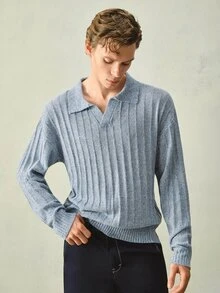 RONVEXI Men's Spring/Summer New Polo Collar Floral Print Versatile Long Sleeve Half-Button Pullover - Dusty Blue - View 5