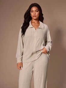 Lazeform Fashionable Minimalist Casual Solid Color Zip-Up Cardigan Long Sleeve Set Women's Autumn New Loose Plus Size 2-Piece - Khaki - View 6