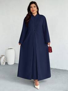 Firerie 大尺碼女款純色長款晨袍與圓領洋裝休閒兩件套 - 藏蓝色 - 查看 6