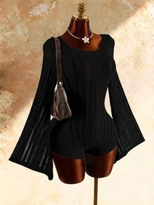 Amplova Jumpsuit nữ len dệt kiểu Boho mới, thắt dây trước, ôm dáng, hơi xuyên thấu - màu đen - Xem 3