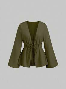 Sweetra Women's Solid Color Long Sleeve Waist Tie Casual Top - Dark Green - View 1