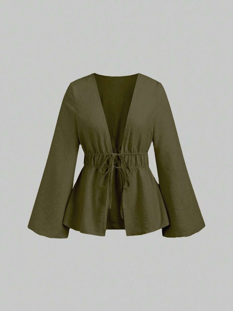 Sweetra Women's Solid Color Long Sleeve Waist Tie Casual Top - Dark Green - View 1