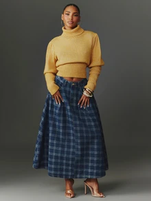 NYA SZN Denim Skirt Maxi Pleated Plaid Medium Wash Everyday Date Casual Going Out Church Modest Elegant Special Occasion Work School Festival Chic Fall Winter - Navy Blue - View 2