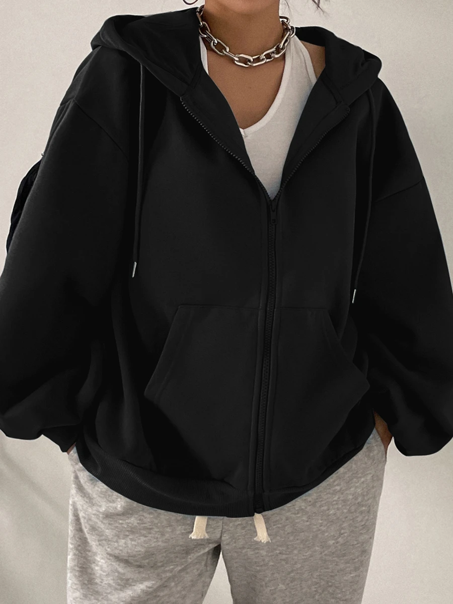 Dazy Plus Sweatshirt Hitam Baru Gaya Blogger Kasual Jalanan Warna Polos dengan Resleting dan Tudung, Cocok untuk Musim Semi/Gugur - Hitam - View 1
