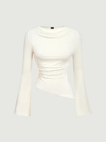 SHEIN MOD 女款 2 件組 酒紅與杏色圓領抓皺喇叭袖收腰不對稱下擺百搭長袖 T-shirt 打底衫 - 藏蓝色 - 查看 5