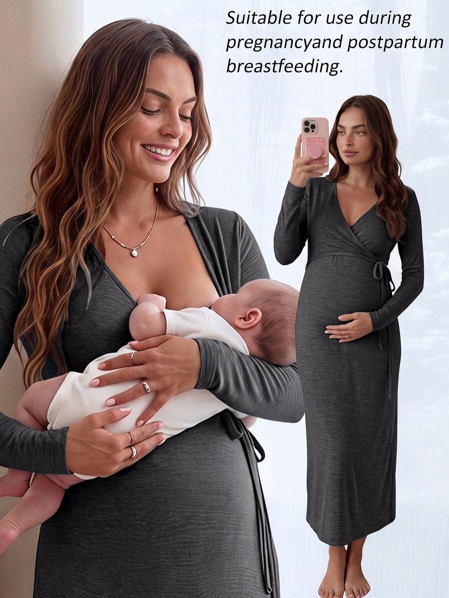 Slowluna 秋季孕婦休閒哺乳洋裝 - 黑色 - 查看 1