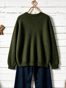 Rusticease Plus Size Army Green Ribbed Button Front Embroidered Round Neck Long Sleeve Cardigan Cozy Elegant Fall Winter 2026 - Army Green - View 2