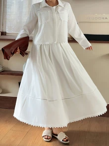 Dazy Plus Elegant Lace Patchwork Pocket Shirt & Skirt 2 Pieces Set, White, Spring/Autumn New Style - White - View 3