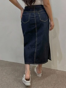Dazy Plus Vintage Versatile Long Straight Split Hem Denim Skirt, Spring Summer Autumn - Dark Wash - View 2