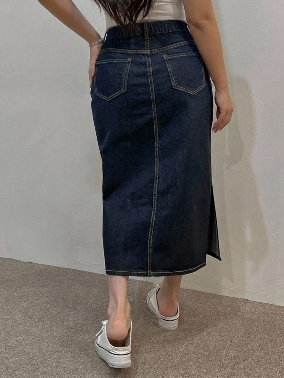 Dazy Plus Vintage Versatile Long Straight Split Hem Denim Skirt, Spring Summer Autumn