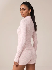 SHEIN BAE Women Pink Leopard Print Zip Up Cropped Athletic Jacket Long Sleeve Slim Fit Gym Workout Training Running Activewear - Baby Pink - View 5