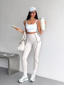 SHEIN Dewbera Women's High-Waist Curved Design Light Gray Tight-Fitting Sports Leggings For Outdoor Exercise - Light Grey - View 6