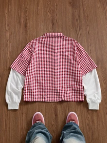SWAVVY Men's Embroidered Plaid Patchwork Long Sleeve Fashion Shirt - Red - View 2