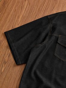 SWAVVY Men's Denim Effect Contrast Stitching Short Sleeve Collared Shirt - Black - View 4