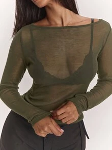 SHEIN BAE 女款優雅性感休閒日常穿搭羊絨輕量針織透視上衣，適合打造經典百搭上衣、休閒上衣、黑色上衣、百搭上衣、通勤上衣，2合1上衣 - 軍綠色 - 查看 8