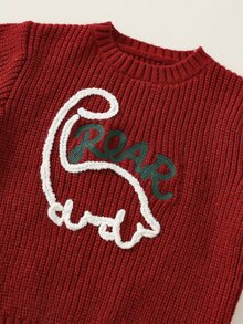 SHEIN Baby Boy Baby Girl Baby Boy Red Dinosaur Pattern Crew Neck Long Sleeve Pullover Sweater, Versatile And Comfortable For Autumn/Winter, Suitable For Christmas - Burgundy - View 4