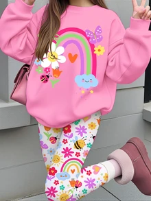 Tween女孩休閒可愛俏皮卡通花卉臉孔、彩虹、昆蟲、蝴蝶圖案圓領長袖衛衣與內搭褲2件套，適合秋冬，秋季新款，Kawaii舒適秋冬風格 - 彩色 - 查看 6