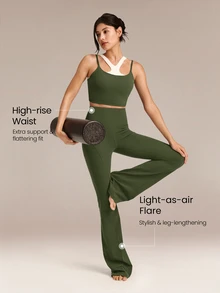 GLOWMODE 35" FeatherFit™ Go Groove Ultra Long Flare Leggings Low Impact Yoga Pilates Studio Daily Casual Wear Spring Summer - Army Green - View 3
