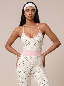 SHEIN BAE Women's Polka Dot Casual Daily Wear Halter Neck Sports Jumpsuit - White - View 3