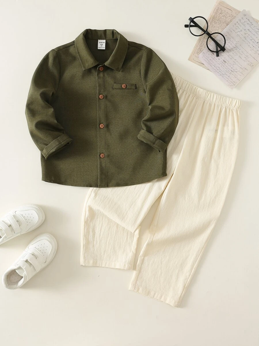 Kids Young Boy 2pcs Autumn/Winter Casual Fashion Long Sleeve Shirt And Long Sleeve Set - Green - View 1