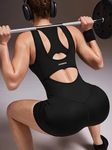 Powerista Women's Black Wide Strap Short Leg Backless Round Neck Zipper Half-Open Front Fitted Jumpsuit - Black - View 7