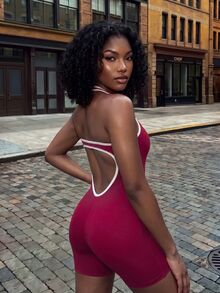 Rovax Backless Halter Neck Fitted Athletic Sporty Sexy Romper Gym Burgundy Summer - Red - View 1