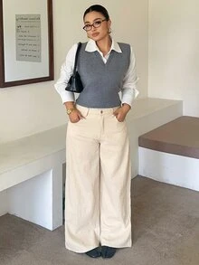 Dazy Plus Textured Fabric Heavy-Duty Loose Wide-Leg Pants, Fun Commuter Style, Spring/Autumn Long Apricot Denim Jeans - Apricot - View 5