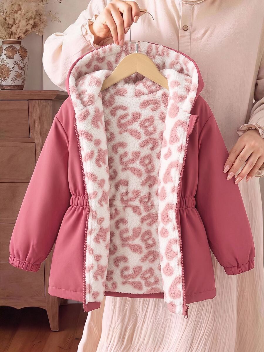 SHEIN 女嬰可愛秋冬百搭保暖內裡豹紋連帽外套 - 紅色 - 查看 1