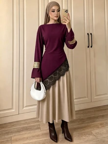 Celisse Atasan Wanita Lengan Panjang Model Longgar dengan Hem Asimetris dan Hiasan Renda, Model Baru untuk Awal Musim Gugur - Burgundy - View 7