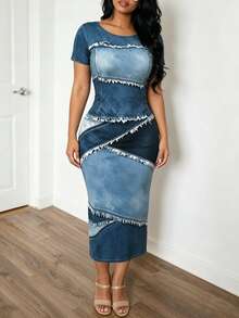 Eryvara Plus Size Women's Round Neck Colorblock Casual Daily Summer Dress - Blue - View 4
