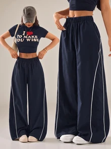 SHEIN PETITE Women's Autumn/Winter Street Style Vintage Holiday Outing Back To School Basic Black Wide Leg Pants, Essential For Daily Wear - Navy Blue - View 10