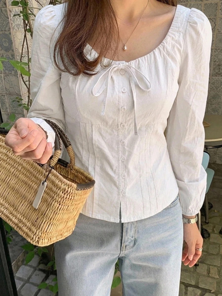 DAZY Women's Solid Color Front Tie Long Sleeve Single-Breasted Casual Cottagecore Shirt Autumn Brunch White - White - View 1