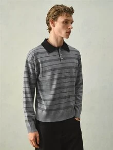 RONVEXI 男士條紋長袖 Polo 領休閒毛衣 - 彩色 - 查看 5