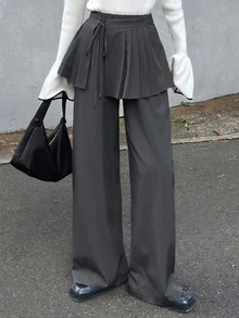 FRIFUL Women's Solid Color Side Knot Pleated Skirt And Long Pants Casual 2 Pieces Set Fall - Grey - View 1