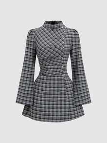 Sweetra New French Sweet Academic Style Plaid Dress, Slight High Neck, Pleated Design, Delicate Button Decor, Unique Tie Waist, Slimming, Spring/Summer Short Petal Sleeve, Simple Versatile Women's Dress - Coffee Brown - View 3