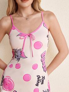 TOM & JERRY X SHEIN Women's Letter Cartoon Print Casual Spaghetti Strap Dress - Baby Pink - View 6
