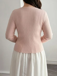 Dazy Plus 2pcs Slim Fit Lace Trim Bow Tie Cami Top & Long Sleeve Open Front Cardigan Casual Korean Style Sweater Set For Girls - Pink - View 2