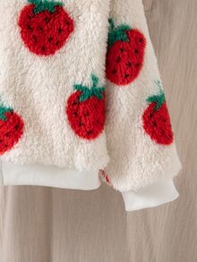 Baby Girl Cute Strawberry Print Teddy Fleece Zip Up Stand Collar Long Sleeve Warm Jacket, Toddler Casual Fall Winter Outerwear - White - View 5