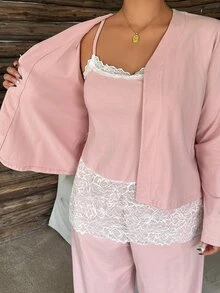 Dazy Plus 3-Piece Set Long Sleeve Cardigan, Lace Patchwork Camisole, Loose Straight Leg Long Pajama Pants Sleepwear Set Fall - Pink - View 7