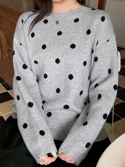 Dazy Plus Loose Business Casual Fashion Polka Dot Jacquard All-Over Print Pullover Knit Sweater, Autumn/Winter