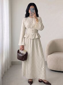 Solavon 女款波點圖案長袖襯衫與裙子優雅兩件套 - 彩色 - 查看 4