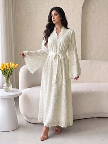 Al Najma Women's Elegant Solid Color Bell Sleeve Arabian Dress - Apricot - View 5