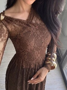 Modelyn Women's Elegant Solid Color Lace Dress - Coffee - View 3