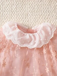 SHEIN New Born Baby Girl Spring & Autumn New Arrival, Floral Lapel Ruffle Hem Lace Princess Dress + Matching Lace Trim Hat - Pink - View 5