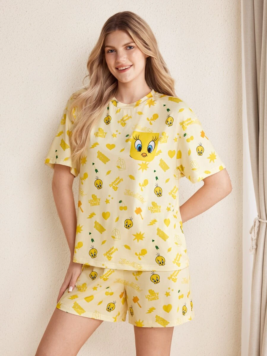 LOONEY TUNES X SHEIN Women's Round Neck Short Sleeve Top And Shorts Pajama Set - Yellow - View 1