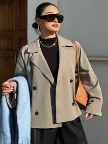 Dazy Plus Double-Breasted Design Autumn New Style Lapel Long Sleeve Loose Fit Trench Coat Jacket - Grey - View 4