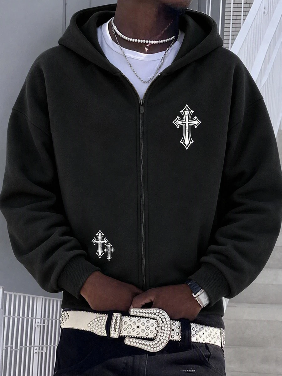 SHEIN Kids Tween Boy Casual Cross-Patterned Hooded Sweatshirt, Perfect For The Fall/Winter Back-To-School Season. - Black - View 1