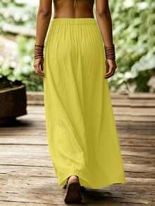 SHEIN Holidaya Damen-Rock mit Wellen-Falten, besticktem Blumenmuster und Band, geeignet für Frühling und Sommer, lässiger Alltag, eleganter Alltag, frischer Stil, Bürooutfit, vielseitiger Freizeitrock, lässige Urlaubs- und Strandkleidung, Country-Musik-Konzert-Outfit, Damen-Sommerurlaubs-Outfit, grüner Rock, Juni-Festival-Party-Rock - Gelb - Übersicht 2