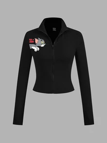 TOM & JERRY X SHEIN SHEIN EZwear 2件組黑白針織拉鍊長袖女款T恤，聯名印花圖案，適合外出、街頭風、機場穿搭、時尚、返校、Y2K、派對、海灘度假、假日 - 彩色 - 查看 5