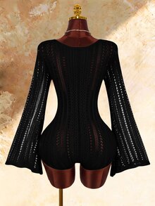 Amplova Jumpsuit nữ len dệt kiểu Boho mới, thắt dây trước, ôm dáng, hơi xuyên thấu - màu đen - Xem 9